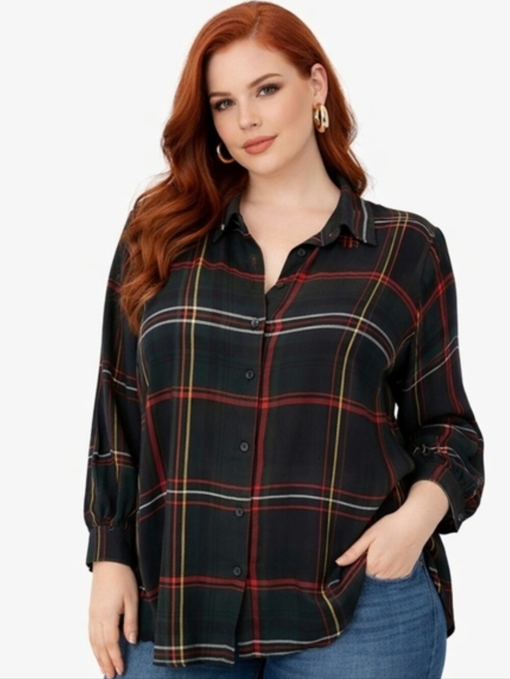 Vintage 90s Elisabeth by Liz Claiborne Hunter Green Plaid Button Preppy Shirt 1X